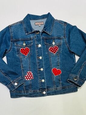 Women Denim Jacket with Red Heart Patches